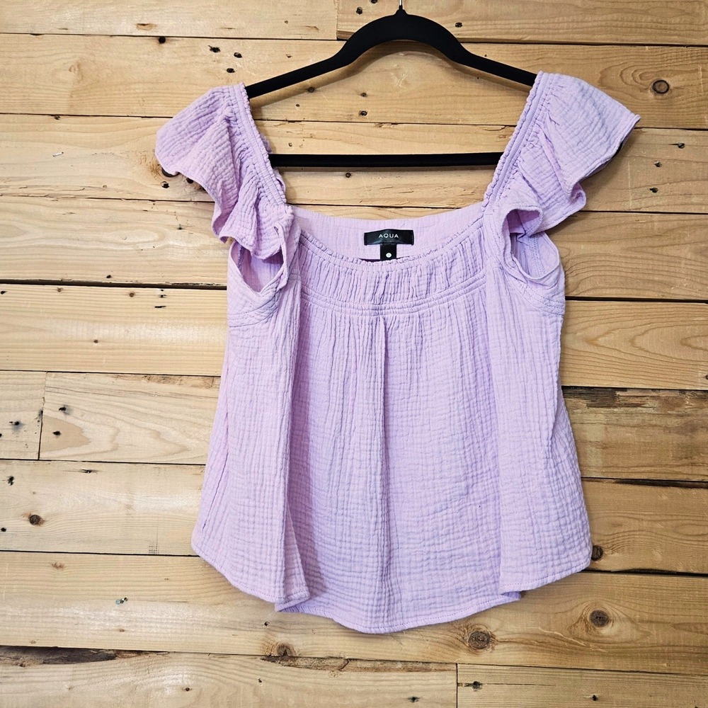 AQUA Lavender Purple 100% Cotton Gauze Ruffle Cap Sleeve Square Neck Top Small